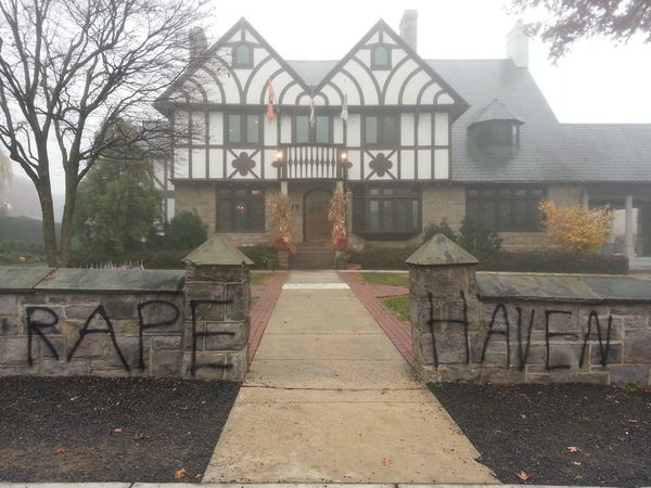 The stone walls at the Tiger Inn eating club at Princeton University were spray-painted with the words "Rape Haven" earlier this week (Photo courtesy of The Daily Princetonian)